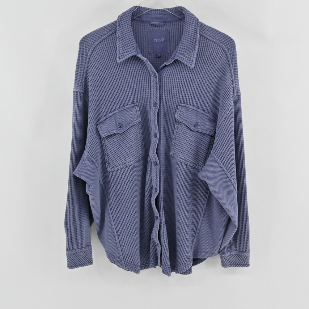 Aerie LumberJane Waffle Shirt Womens Size L Blue Oversized Knit Button Thermal